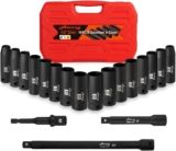 Awang 19pcs Jeu de coffret douilles à choc 1/2&Prime;,8-24mm douilles à impact CR-V，3 »,5 »,10 »barres d&rsquo;extension avec 3/8 » à 1/2 » Adaptateur de clé à douille inclus
