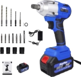 DICN Clé à chocs électrique sans fil avec quatre manchons de clé 1/2 « pistolet à chocs 2 variateurs de vitesse 3200 RPM brushless clé à chocs électrique 420n.m bleu