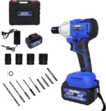 Clé à Chocs Sans Fil Brushless, 21V Boulonneuse a Choc Electrique avec 3.0Ah Batteries, Couple maximal 420N.m, 1/2 pouce, 4 Douilles à Chocs, 12 Forets