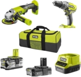 RYOBI Pack 2 outils sans fil 18 V : Perceuse a percussion + meuleuse 115mm – 2 batteries 1 x 2,0 Ah et 1 x 4,0 Ah