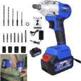 AUTOFU Clé à chocs sans fil, clé à chocs brushless de 1/2 pouce, couple maximal 420nm, 3200rpm, avec batterie 6.0ah, 4 prises, 12 têtes de tournevis, clé à chocs à couple élevé