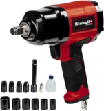 Einhell Clé à chocs pneumatique TC-PW 610 (couple max. 610 Nm, rotation gauche/droite, 10 douilles, flacon d&rsquo;huile (vide), raccord, rallonge de 125 mm), Noir, Rouge