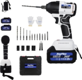 Clé à Chocs Sans Fil Brushless 1/2 Pouce, Clé à Chocs Sans Balais avec 2 * 3.0Ah Batteriesh, Couple 420N.m, 4 Prises à Percussion & 12 Forets, Blanc