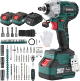 Clé à Chocs Sans Fil Brushless 20V, STANEW 320Nm Boulonneuse a Choc Electrique avec deux 3.0Ah Batteries, Couple Réglable,Boîte avc 49pcs Accessoires