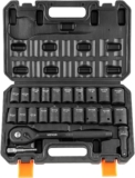 VEVOR Jeu de Douilles à Choc 1/2&Prime; Jeu de 20 Douilles à Impact avec Outil à Cliquet 13-24 mm 7/16-15/16 po 6 Pans Acier Allié CR-V HRC 42-48 Repère de Taille Facile avec Mallette pour Réparation Auto