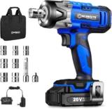 WORKSITE Clé à chocs sans fil 20 V 0,9 cm, pistolet à choc avec batterie Li-ion 2,0 A, chargeur, 8 douilles à choc pour conducteur, adaptateur de 0,95 cm à 6,35 mm et barre d&rsquo;extension, gris