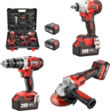 TEENO Tool Kit 3 Piece Set (Brushless Cordless Impact Wrench + Impact Drill + Brushless Angle Grinder) 20V 2*Batterie 3Ah