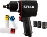 STIER Clé à Choc Pneumatique 17-BBS avec entraînement 1/2 », 8 pièces, rotation: 7.000 tr/min, plusieurs vitesses, visseuse à percussions, douilles kit