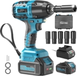 HOFTME Jeu de Clés à Chocs Sans Fil, Pistolet Électrique Sans Fil 1/2 Pouce, Batterie au Lithium 20V/4,0Ah, Couple Élevé 3300 Tr/Min, 800 N.M, Avec Cinq Douilles à Chocs et Chargeur Rapide (Bleu)