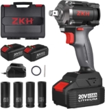 ZKH Visseuse a Choc Sans Fil Moteur Brushless 20V, Cle à Choc 450Nm, Compacte 1/2&Prime;, 4 Vitesse/2 Batterie 4.0Ah/Chargeur Rapide/4 Douilles à Chocs, Boulonneuse a Choc 2500RPM, Installations