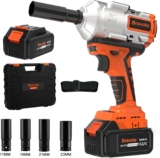 Bravolu Clé à Chocs Sans Fil, 21V Brushless 1000N.m Max Boulonneuse a Choc avec 4,0Ah Batterie, Visseuse à Choc Fréquence d&rsquo;impact 3800IPM, avec 4 Douilles à Chocs