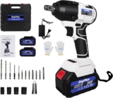 Clé à Chocs Sans Fil Brushless 1/2 Pouce, Couple 420N.m, Boulonneuse a Choc Electrique avec 2 Batteries et Chargeur, 4 Prises et 12 Forets pour Voiture et Maison, Blanc