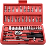 Sipobuy 46 Pièces 1/4&Prime; Pouce Clé à Douille Et Embouts Bits Métrique Ensemble Tiges D&rsquo;Extension Flexibles Avec Clé À Cliquet Réversible, Bricolage Pour Moteur, Vélo, Voiture