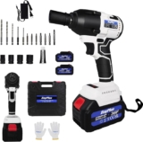 Clé à Chocs Sans Fil Brushless 1/2 Pouce, Couple 420NM, 2 * 6000mAh Li-ion Batteries, 4 Prises – 14/17/19/22mm, Boulonneuse a Choc Electrique pour la Maison et Voiture, Blanc