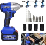 Visseuse à percussion sans fil 18 V avec batterie 6,0 Ah, clé carrée 1/2&Prime; 420 Nm couple élevé, jeu de visseuses à percussion 14/17/19/22 mm, chargeur rapide, lumière LED et boîte à outils
