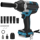 Visseuse à percussion sans fil compatible avec batterie au lithium Makita 18 V, clé à chocs rotative sans balais 1/2&Prime; avec 6 douilles, pour voiture et utilisation industrielle (sans batterie) (1000