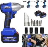 Clé à Chocs Sans Fil Brushless pour Réparation de Voiture, 420Nm Boulonneuse Electrique avec 2x Batteries 6,0Ah 21V, Pistolet à Écrou de Roue, Clé Électrique avec 4 Douilles+12 Embouts de Pilote, Bleu