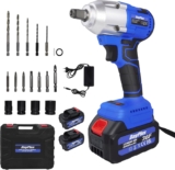 Clé à Percussion Sans Fil avec 2 Batteries, Batterie au Lithium 3.0Ah, Clé à Chocs Brushless de 1/2 Pouce, 3200rpm et Couple 420N.m, Outil Électrique, 4 Prises et 12 Forets pour Voiture et Maison