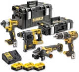 DEWALT – Kit 4 Outils XR 18V, 5Ah Lithium Ion BL avec Perceuse-Visseuse, Visseuse à Chocs, Meuleuse et Perforateur – DCK422P3-QW – Sans Fil – 3 Batteries et chargeur inclus – avec 2 Coffrets TSTAK