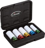 ViGOR V2257 Jeu de douilles à choc I Entraînement carré 1/2 pouce, ouverture de clé 17-21 mm, avec douille en plastique I Montage de roue ménageant le matériau des pneus avec jantes en aluminium