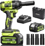 Robustrue Clé à choc sans fil Couple maxi 550N.m, batteries 4000mAh Li-Ion avec chargeur rapide, moteur brushless 21V Clé à choc électrique