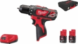 Perceuse Visseuse MILWAUKEE 12V 2.0Ah Li-Ion, Livré avec 2 Batteries 12V 2Ah Nouvelle technologie 12V lithium Ion compacte, 2 vitesses, 1500 t/mn, couple de 30 Nm, Vitesse variable à l’interrupteur