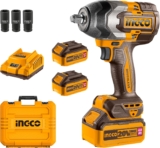 Ingco Clé à Chocs sans Fil 20V, Moteur sans Balais, 850NM, Boulonneuse à Chocs Électrique sans Fil, 2400 tr/min, avec 3 Douilles (22/24/27mm), 2 Batteries 4,0Ah et 1 Chargeur CIWLI2085