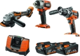 AEG – Pack 3 outils Brushless – Perceuse à percussion 18V, boulonneuse à chocs 18V, meuleuse 125 mm 18V, 2 batteries 4,0 Ah, chargeur, sac de rangement – JP18AA3-402B LK1