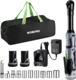 WORKPRO Clé à Cliquet Sans Fil 12V, 3/8&Prime;, 55N.m, 2 Batteries de 2,0 Ah, Charge Rapide en 1 Heure, Clé à Cliquet Electrique avec Lumière LED et 10 Douilles，Sac de Rangement,Gris