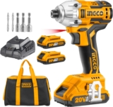 INGCO Visseuse à Chocs Sans Fil 20V, Moteur Sans Balais, 170NM, 1/4&Prime;, 0-1300/0-2100 tr/min, avec 2 Batteries 2.0Ah, 1 Chargeur et Sac de Rangement CIRLI2002