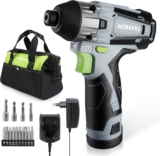 WORKPRO Visseuse à Choc sans Fil 12V avec Batterie 2,0A, Couple de 100N.m, 2000 tr/min, Clé à Choc avec Mandrin à Changement Rapide 6mm et Charge en 1 Heure, Lampe LED, 14 Accessoires et Sac à outils